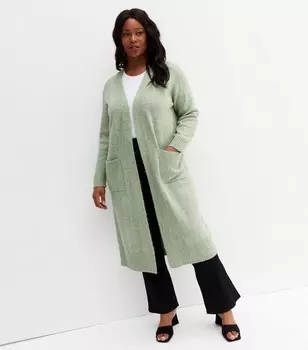 Мятно-зеленый вязаный кардиган миди с карманами Curves New Look, мятно-зеленый