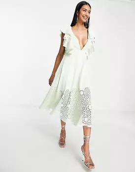 Мятное платье миди для выпускного с глубоким вырезом и ажурным вырезом ASOS DESIGN