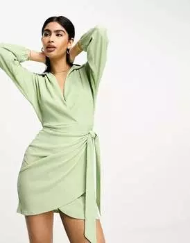 Мятное платье мини с длинными рукавами и v-образным вырезом ASOS