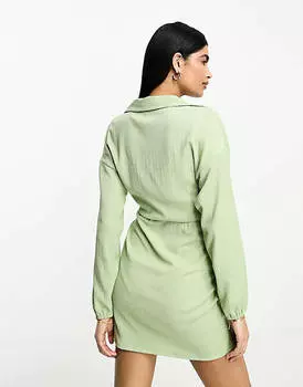 Мятное платье мини с длинными рукавами и v-образным вырезом ASOS DESIGN