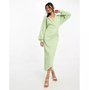 Мятное текстурированное платье миди с запахом и воротником ASOS DESIGN