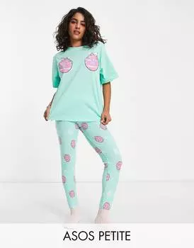 Мятный пижамный комплект с объемной футболкой и леггинсами ASOS DESIGN Petite Christmas bauble boob