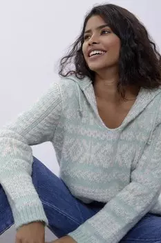 Мятный вязаный свитер с капюшоном SWK4326M Sherin