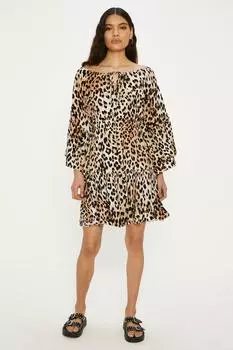 Мятое платье с открытыми плечами и животным принтом Oasis, черный