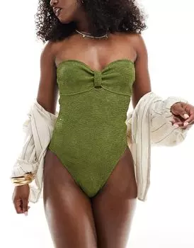 Мятый купальник цвета хаки без бретелек Miss Selfridge с вырезом на спине