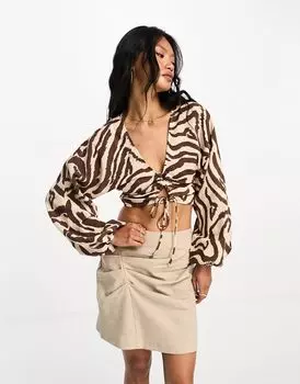 Мятый топ с длинными рукавами и решетчатой шнуровкой ASOS DESIGN с зебровым принтом