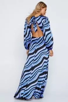 Мраморное атласное платье с открытой спиной и длинными рукавами Nasty Gal, черный