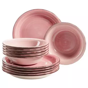 Mser 931495 Набор тарелок Lumaca на 6 персон в современном винтажном стиле, обеденный сервиз, ручная роспись, керамика, розовый, 12 предметов (1 комплект), коралл