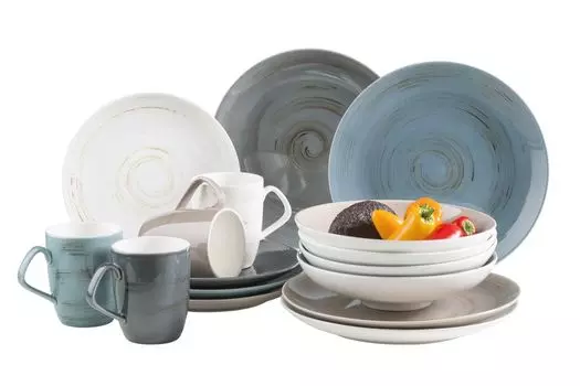 Mser 931526 Набор посуды Derby Premium на 4 персоны, кейтерингового качества, современный комбинированный сервиз с круглыми тарелками ярких пастельных тонов, прочный фарфор, красочный, 16 предметов (1 комплект)