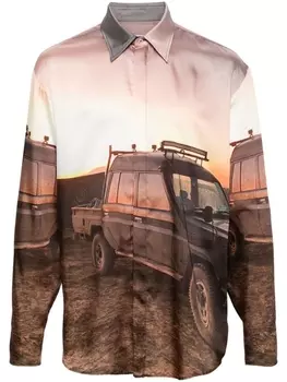 MSGM атласная рубашка с графичным принтом, коричневый