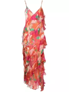 MSGM длинное платье с оборками и цветочным принтом, красный