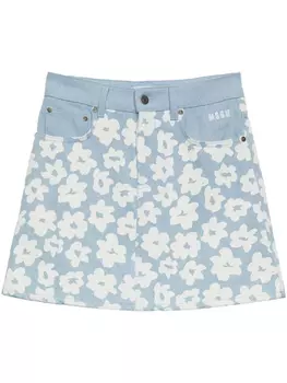 MSGM джинсовая юбка с цветочным принтом, синий
