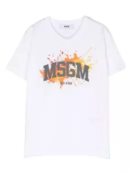 MSGM Kids футболка с эффектом разбрызганной краски и логотипом, белый