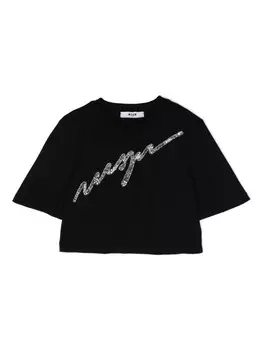MSGM Kids укороченная футболка с логотипом и пайетками, черный