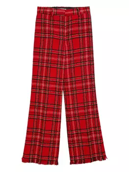 MSGM прямые брюки в клетку с бахромой, красный