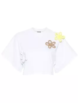 MSGM укороченная футболка с цветочной аппликацией, белый