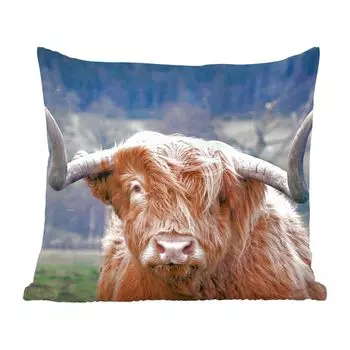 MuchoWow Декоративная подушка Диванная подушка Декоративная подушка для гостиной 60 x 60 см Шотландский горец - Голова коровы - Пейзаж - Природа - Корова - Чехол на подушку - Хлопчатобумажная ткань - Декоративные наволочки