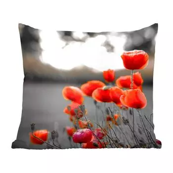 MuchoWow Декоративная подушка Диванная подушка Декоративная подушка для гостиной 50 x 50 см Дикие красные маки на большом поле с черно-белым фоном - Чехлы на подушки - Украшение - Спальня