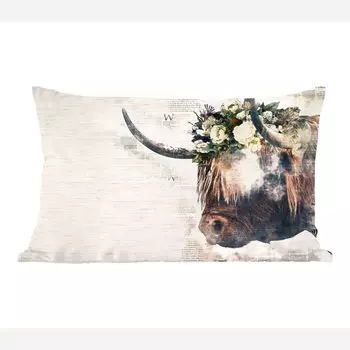 MuchoWow Декоративная подушка Диванная подушка Декоративная подушка для гостиной 50 x 30 см Шотландские горцы - Коровы - Цветы - Чехлы на диванные подушки - без наполнителя