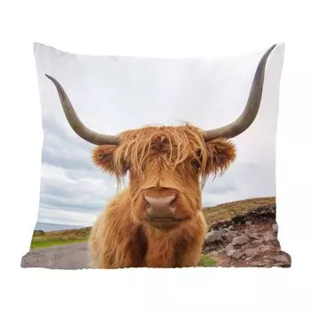 MuchoWow Декоративная подушка Диванная подушка Декоративная подушка для гостиной 60 x 60 см Шотландский горец - Корова - Пейзаж - Чехол на подушку - Хлопчатобумажная ткань - Декоративные наволочки