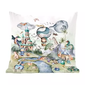 MuchoWow Декоративная подушка Диванная подушка Декоративная подушка для гостиной 60 x 60 см Дети - Воздушный шар - Дракон - Мальчики - Замок - Акварель - Чехлы на подушки - Хлопчатобумажная ткань - Декоративные наволочки
