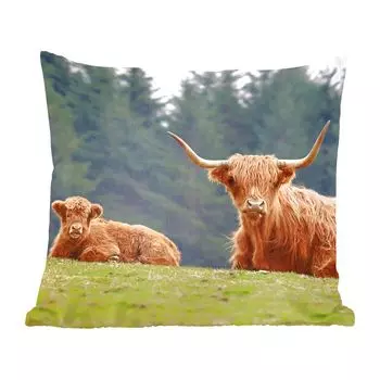 MuchoWow Декоративная подушка Диванная подушка Декоративная подушка для гостиной 60 x 60 см Шотландский горец - Трава - Лес - Наволочка - Хлопчатобумажная ткань - Декоративные наволочки, мультиколор
