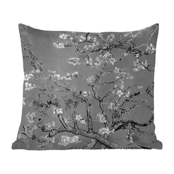 MuchoWow Декоративная подушка Диванная подушка Декоративная подушка для гостиной 60 x 60 см Цветок миндаля - Ван Гог - Черно-белый - Чехол на подушку - Хлопчатобумажная ткань - Декоративные наволочки