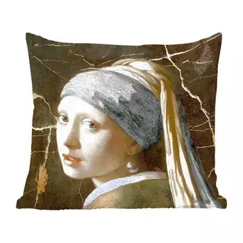 MuchoWow Декоративная подушка Диванная подушка Декоративная подушка для гостиной 60 x 60 см Девушка с жемчужной серьгой - Золото - Черный - Чехол на подушку - Хлопчатобумажная ткань - Декоративные наволочки