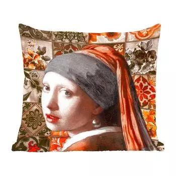 MuchoWow Декоративная подушка Диванная подушка Декоративная подушка для гостиной 60 x 60 см Девушка с жемчужной сережкой - Плитка - Оранжевый - Черный - Наволочка - Хлопковая ткань - Декоративные наволочки