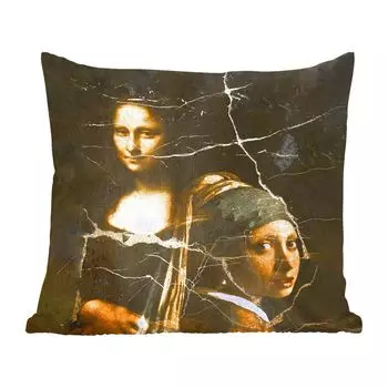 MuchoWow Декоративная подушка Диванная подушка Декоративная подушка для гостиной 60 x 60 см Девушка с жемчужной сережкой - Мона Лиза - Коллаж - Чехол на подушку - Хлопчатобумажная ткань - Декоративные наволочки