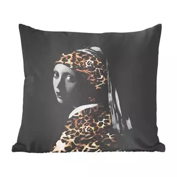 MuchoWow Декоративная подушка Диванная подушка Декоративная подушка для гостиной 60 x 60 см Девушка с жемчужной сережкой - Принт пантеры - Йоханнес Вермеер - Чехол на подушку - Хлопчатобумажная ткань - Декоративные наволочки