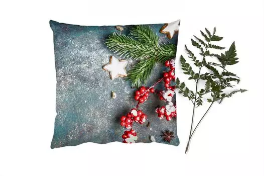 MuchoWow Декоративная подушка Диванная подушка Декоративная подушка для гостиной 60 x 60 см Рождество - Деревенский стиль - Ветки - Звездчатый анис - Ягоды - Красный - Чехол на подушку - Хлопчатобумажная ткань - Декоративные наволочки