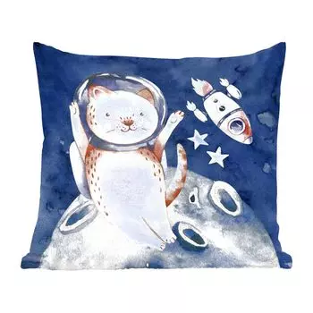 MuchoWow Декоративная подушка Диванная подушка Декоративная подушка для гостиной 45 x 45 см Космос - Ракета - Кот - Ребенок - Мальчики - Девочки - Дети - Чехлы на подушки - Декоративные чехлы на подушки - Декоративные чехлы на подушки