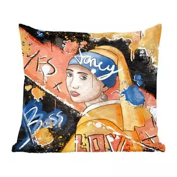 MuchoWow Декоративная подушка Диванная подушка Декоративная подушка для гостиной 60 x 60 см Девушка с жемчужной сережкой - Уличное искусство - Искусство - Чехлы на подушки - Хлопчатобумажная ткань - Декоративные наволочки