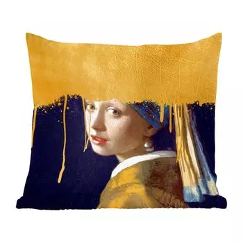 MuchoWow Декоративная подушка Диванная подушка Декоративная подушка для гостиной 60 x 60 см Девушка с жемчужной сережкой - Золото - Вермеер - Чехол на подушку - Хлопчатобумажная ткань - Декоративные наволочки