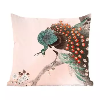 MuchoWow Декоративная подушка Диванная подушка Декоративная подушка для гостиной 60 x 60 см Перья павлина - Винтаж - Павлин - Цветы - Японский - Чехлы на подушки - Хлопчатобумажная ткань - Декоративные наволочки