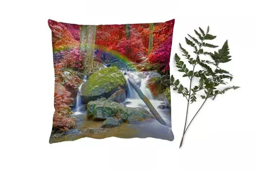 MuchoWow Декоративная подушка Диванная подушка Декоративная подушка для гостиной 40 x 40 см Радуга - Водопад - Деревья - Камни - Мох - Чехлы на диванные подушки - без наполнителя