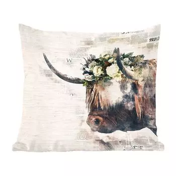 MuchoWow Декоративная подушка Диванная подушка Декоративная подушка для гостиной 60 x 60 см Шотландский горец - Шотландская корова - Цветы - Чехол на подушку - Хлопчатобумажная ткань - Декоративные наволочки, мультиколор