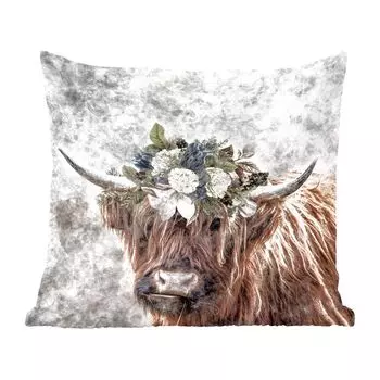 MuchoWow Декоративная подушка Диванная подушка Декоративная подушка для гостиной 60 x 60 см Шотландский горец - Шотландская корова - Цветы - Чехол на подушку - Хлопчатобумажная ткань - Декоративные наволочки, мультиколор