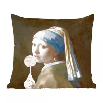 MuchoWow Декоративная подушка Диванная подушка Декоративная подушка для гостиной 60 x 60 см Девушка с жемчужной сережкой - Vermeer - Сладости - Чехол на подушку - Хлопчатобумажная ткань - Декоративные наволочки