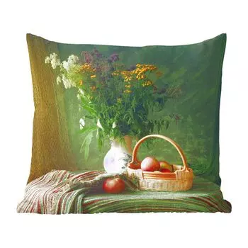 MuchoWow Декоративная подушка Диванная подушка Гостиная Декоративная подушка 50 x 50 см Натюрморт - Цветы - Яблоко - Корзина - Стол - Картина - Наволочки - Украшение - Спальня