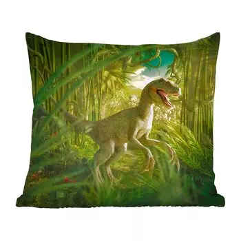 MuchoWow Dinosaur Illustration - Иллюстрация велоцираптора в зеленых джунглях - 40x40 см - Чехлы на диванные подушки - без наполнителя