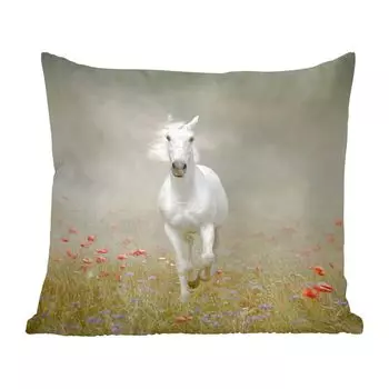 MuchoWow Horses - Белая лошадь скачет сквозь маки - 60x60 см - чехол на подушку - хлопчатобумажная ткань - декоративные чехлы на подушки