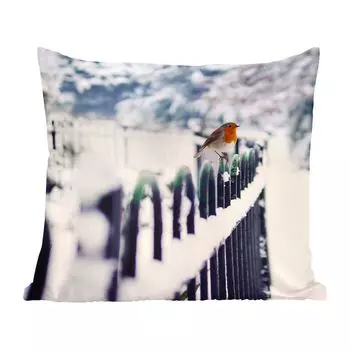 MuchoWow Roodborst - Roodborstje на заснеженном заборе - 60х60 см - чехол на подушку - хлопчатобумажная ткань - декоративные чехлы на подушки