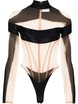 Mugler боди с прозрачными вставками и логотипом, черный