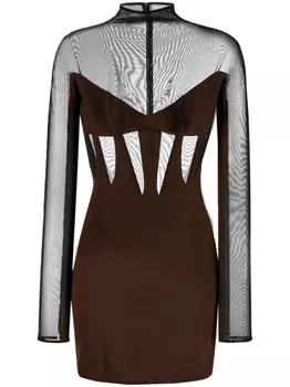 Mugler платье мини с прозрачными вставками, коричневый