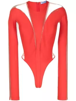 Mugler прозрачное боди с длинными рукавами, красный