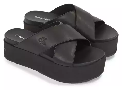 Мюли Calvin Klein Jeans "FLATFORM CROSS MG UC", платформа, летняя обувь, тапочки с поперечной повязкой, черный