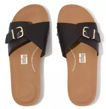 Мюли Fitflop "IQUSHION ADJUSTABLE BUCKLE LEATHER SLIDES", летняя обувь, тапочки с регулируемой повязкой, черный