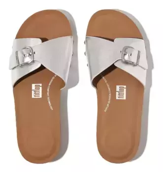 Мюли Fitflop "IQUSHION ADJUSTABLE BUCKLE METALLIC-LETHER SLIDES", каблук-танкетка, летняя обувь, тапочки с регулируемой повязкой, серебристый